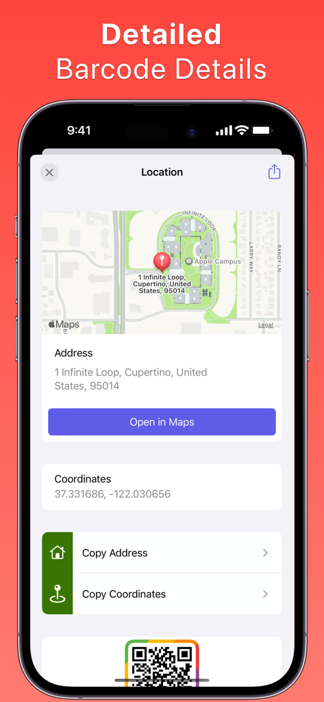 QR Barcode Generator Scanner - A mobile interface displaying location information from a scanned QR code including a map address and geographic coordinates