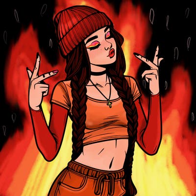 realistic teenage girl with braids and a beanie and crop top doing 🫶🏼