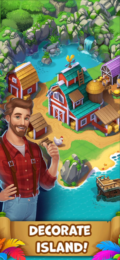Tropical Merge - A man in a red plaid shirt standing in front of a tropical island farm with barns and a waterfall