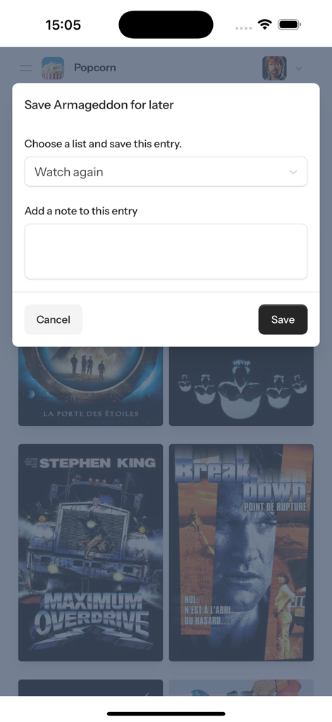 Popup window in the Popcorn movies app for saving a title to a watch list with an optional note