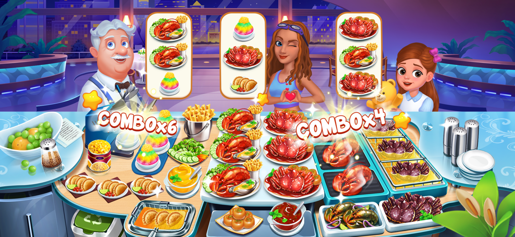 Chef Holiday 요리 게임의 해산물 식당 플레이 화면, 랍스터와 게 요리가 보이는 모습