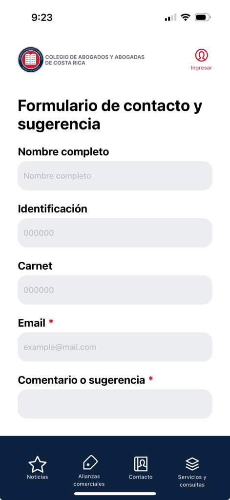 CAAB_CR - Interface of the contact and suggestion form within the CAAB_CR mobile app for the Costa Rican Bar Association