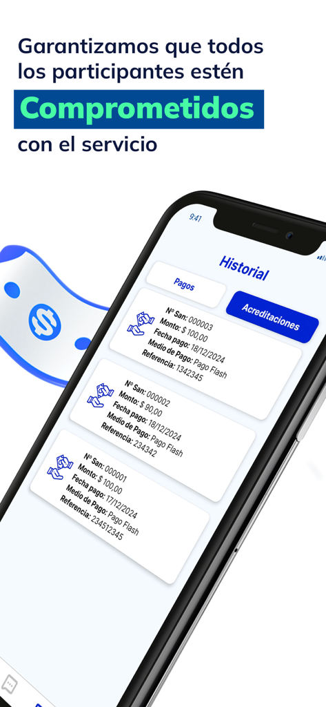 Tu-Turno - Captura de pantalla de la aplicación móvil Tu-Turno que muestra una lista de pagos recientes y el historial de transacciones de los turnos de ahorro comunitarios.