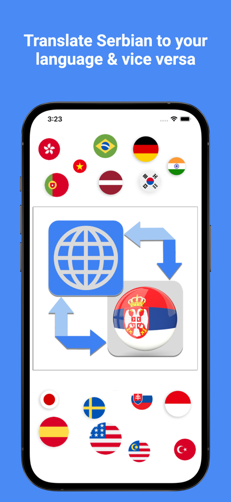 Serbian Translator Pro + - Interface de l'application Serbian Translator Pro montrant une traduction bidirectionnelle entre le serbe et d'autres langues mondiales