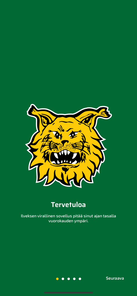 Tampereen Ilves - Tela de boas-vindas do aplicativo de hóquei Tampereen Ilves com o logotipo oficial do lince amarelo em fundo verde