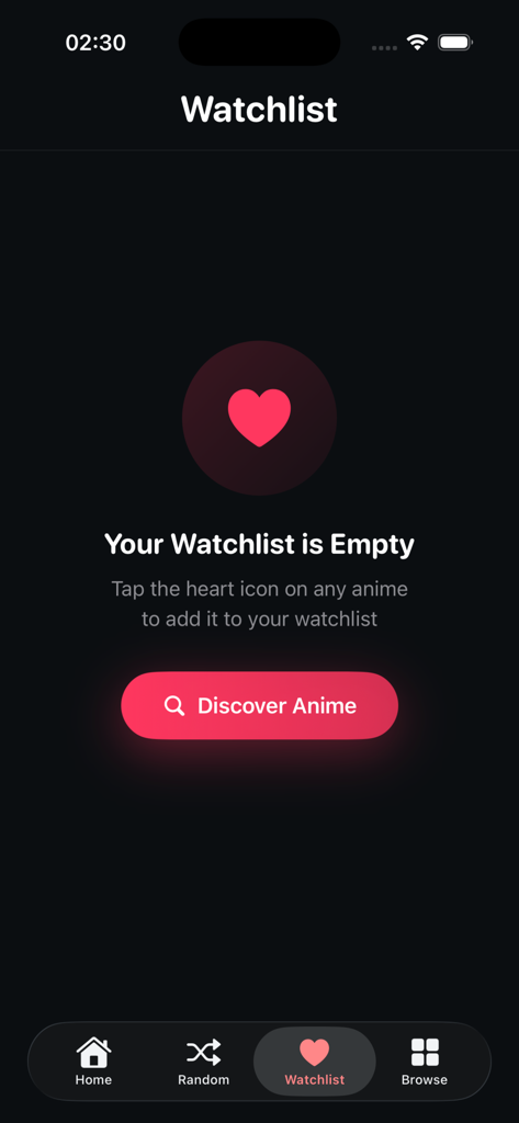 AnimePlanet : Watch Anime - Écran de liste de surveillance vide de l'application AnimePlanet avec une interface en mode sombre et un bouton Découvrir des Animes