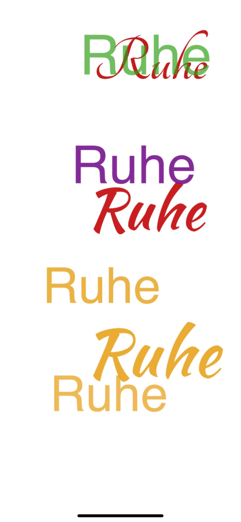 Uma exibição vertical da palavra Ruhe em várias cores e fontes representando o recurso Palavras Mágicas.