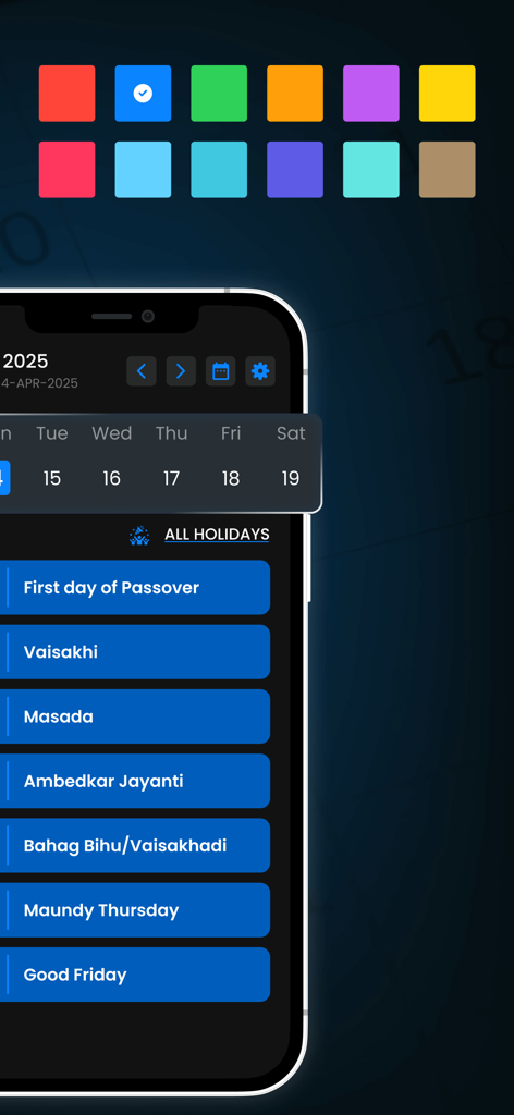 AllWorld: Holiday Calendar - Mobile app screenshot of AllWorld Holiday Calendar showing custom color themes and a list of global religious and cultural holidays