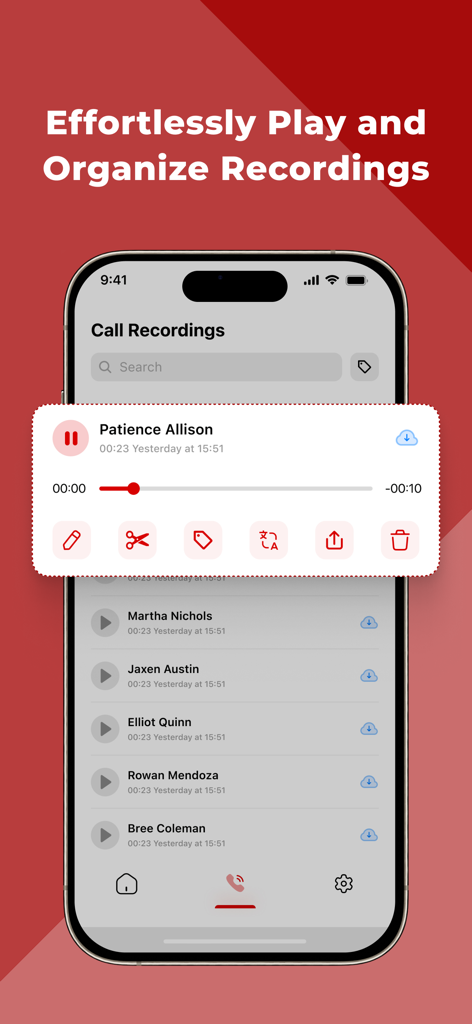 Interface of Call Recorder Callbox app showing call recordings list and playback options