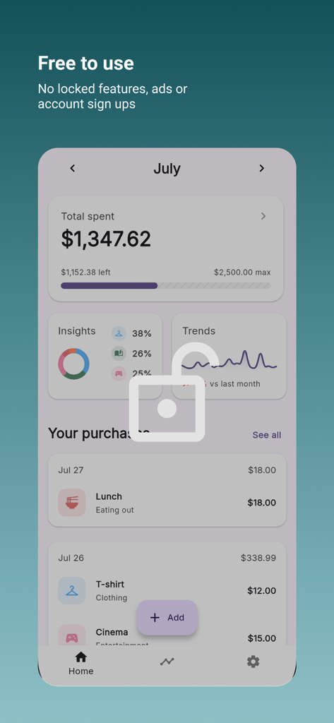 Purchase Tracker - Interface of the Purchase Tracker app showing monthly spending budget progress and expense categories