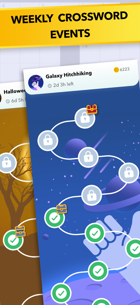 Weekly themed crossword events and level progress map
