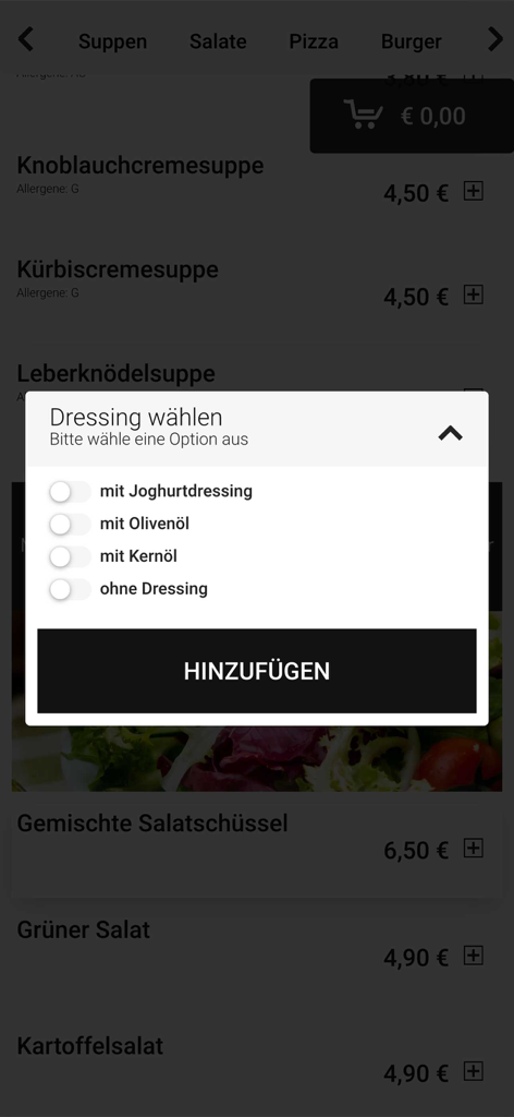 GrandeMilanoLeibnitz - Auswahl einer Salatdressing-Option in der Grande Milano Leibnitz Mobile App