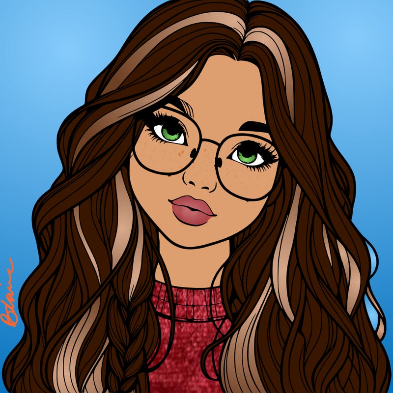 girl with long hair and freckles and glasses realistic
