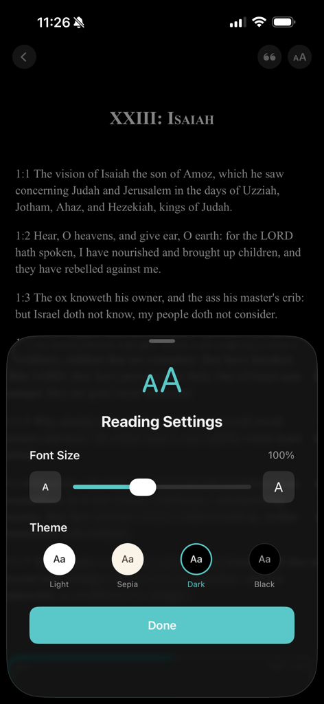 UniBook - Books without limits - UniBook app interface showing adjustable reading settings for font size and color themes