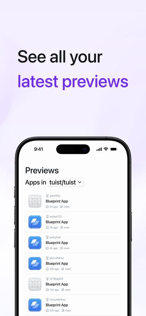 Tuist mobile app interface showing a list of recent iOS app previews for developers