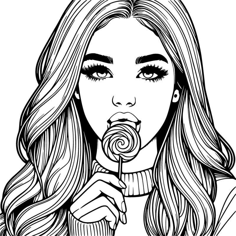realistic girl with long hair and lollipop in hands and mouth