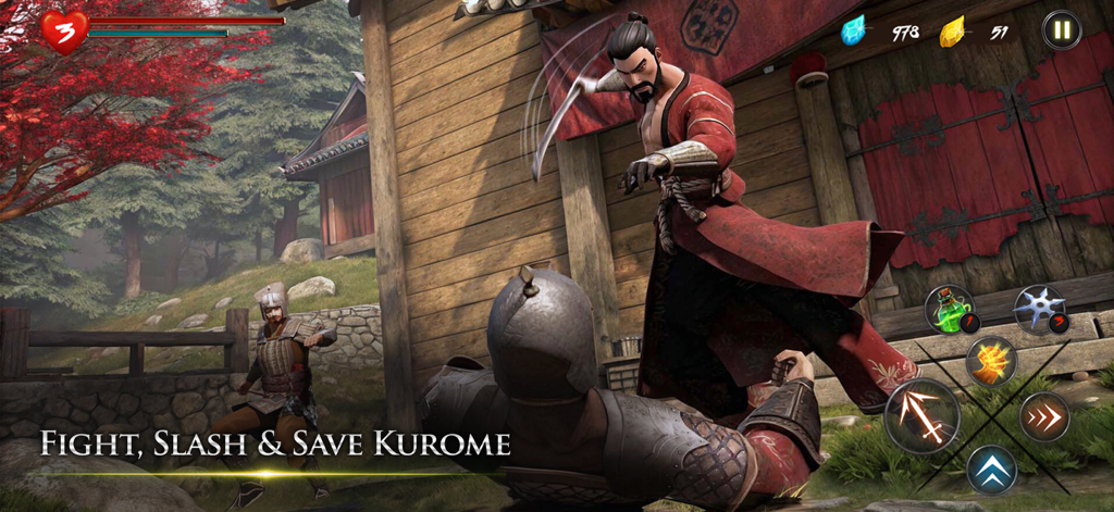 Takashi - Ninja Samurai Game - Takashi the ninja warrior using his sword to fight enemies in a 3D ancient Japanese village setting