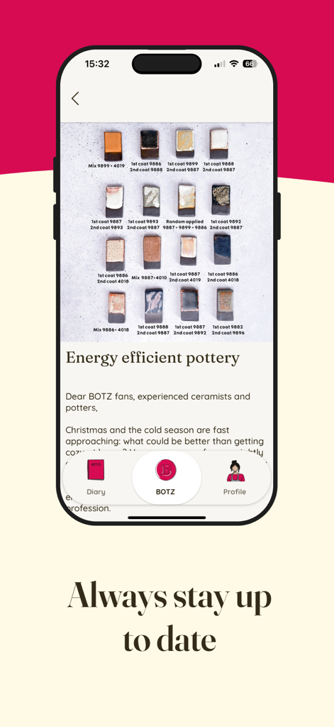 BOTZ Diary - Pantalla de la aplicación BOTZ Diary que muestra una cuadrícula de baldosas de prueba de esmalte de cerámica y un artículo sobre cerámica energéticamente eficiente.