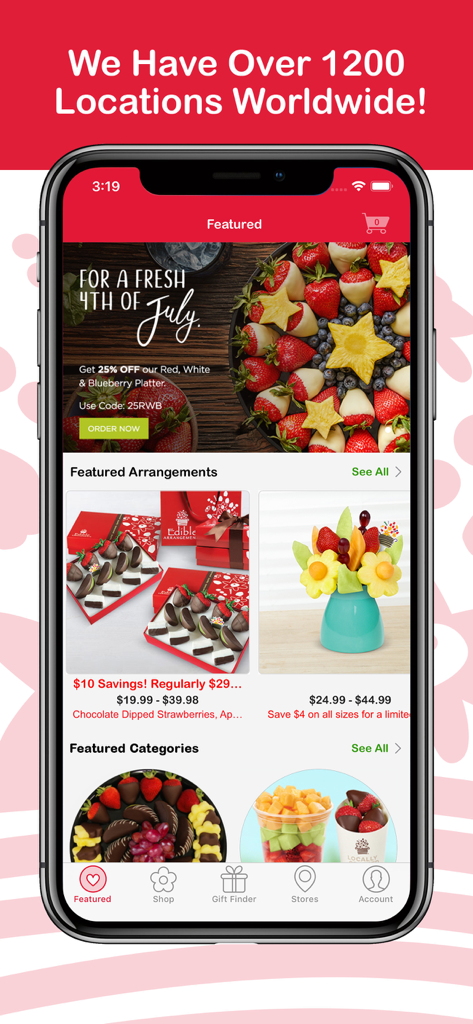 Edible - Screenshot of the Edible mobile app featured gifts page with fruit arrangements and promotional offers