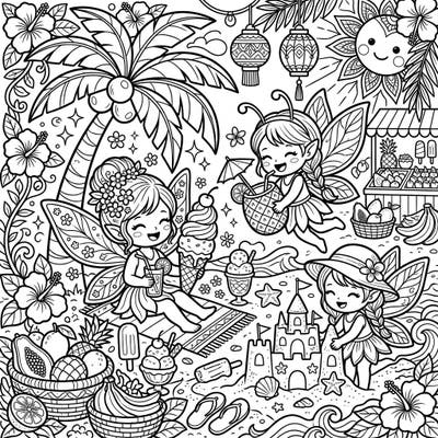 Join these delightful Spring Fairies as they soak up the sun and enjoy a whimsical summer beach vacation. This charming coloring page is packed with fun details, from sandcastles to tropical treats, perfect for sparking creativity.