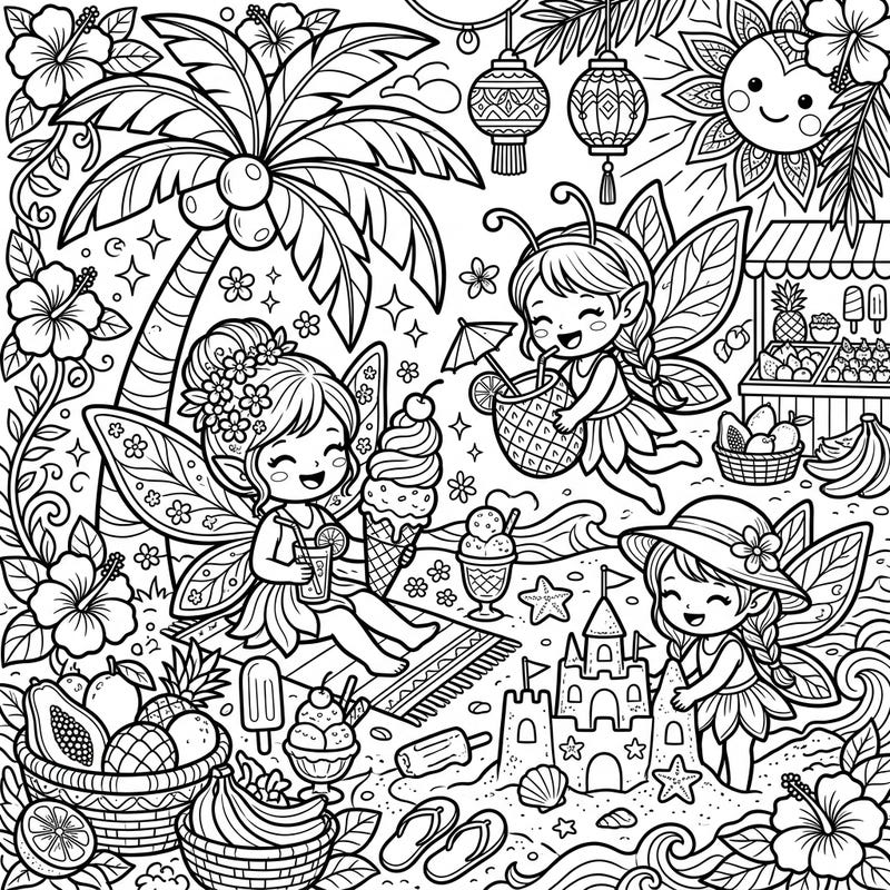 Join these delightful Spring Fairies as they soak up the sun and enjoy a whimsical summer beach vacation. This charming coloring page is packed with fun details, from sandcastles to tropical treats, perfect for sparking creativity.