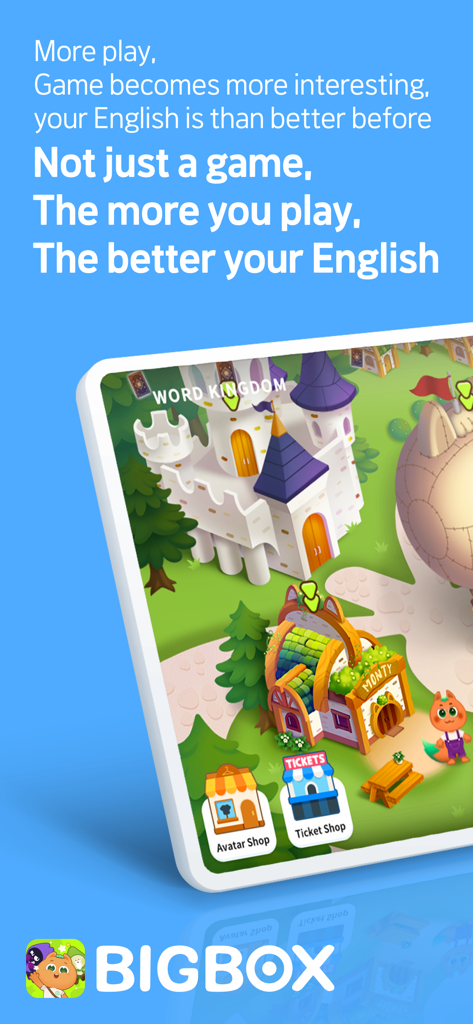 BIGBOX -  Fun English Learning - Una interfaz de mapa de dibujos animados coloridos de la aplicación de aprendizaje de inglés BIGBOX para niños