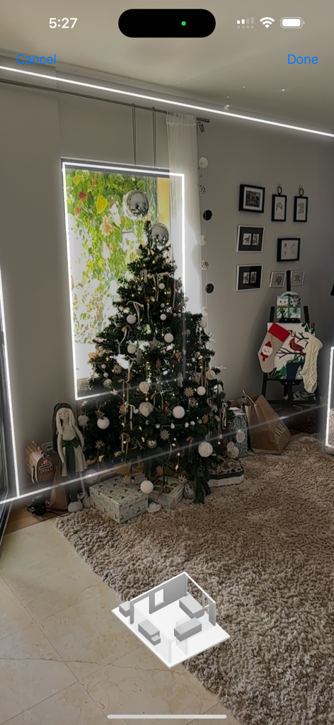 AI Room Plan Scanner interface showing a 3D floor plan capture of a living room using LiDAR technology