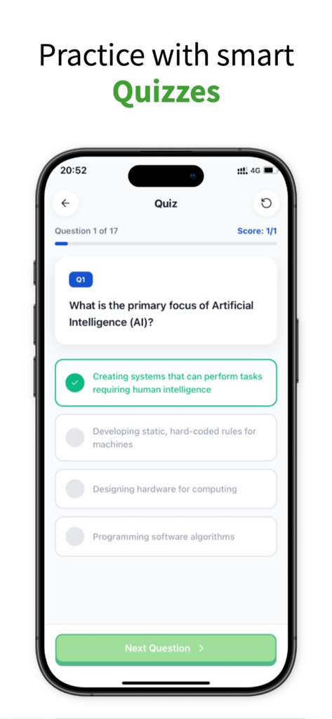 Growi: AI Productivity-Growth - Écran mobile montrant une interface de quiz intelligent dans l'application de productivité Growi avec une question liée à l'IA
