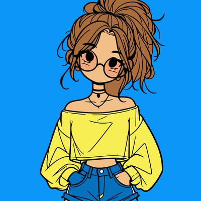 girl with a messy ponytail glasses a baggy crop top and jean shorts