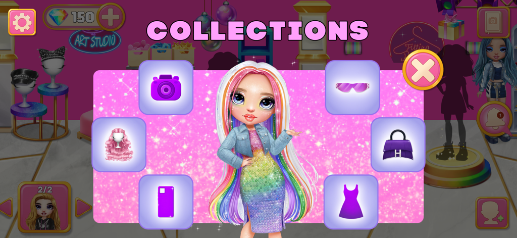 Ícones de boneca Rainbow High e acessórios de moda na tela de coleções