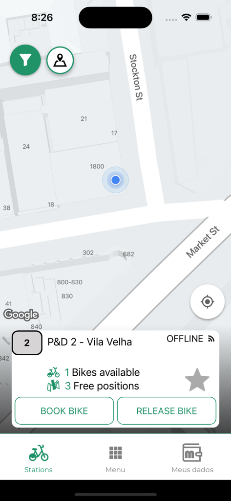Bikes ES - Bikes ES app interface displaying a bike station map with availability and booking options