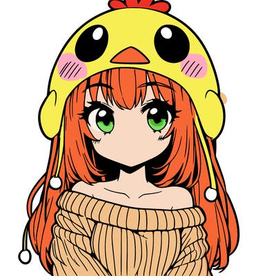 anime girl with chick shaped hat with sweater with bare shoulders with bangs covering them one eye with low tail