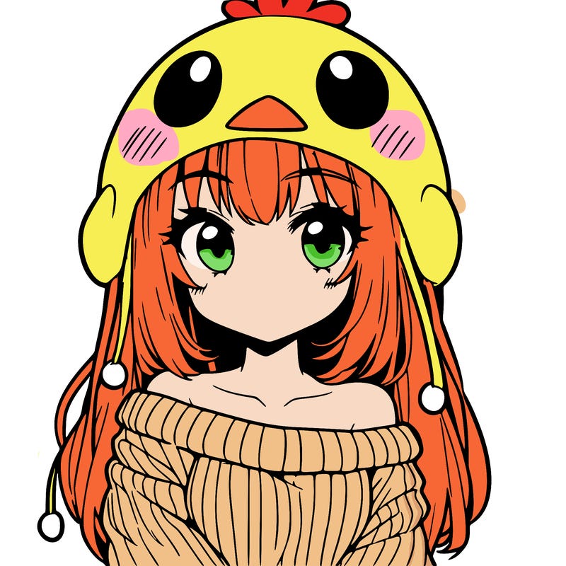 anime girl with chick shaped hat with sweater with bare shoulders with bangs covering them one eye with low tail