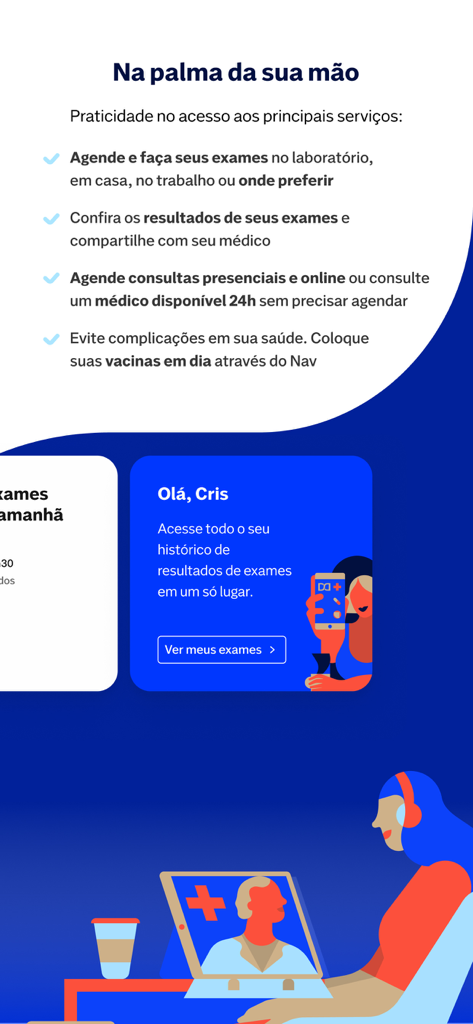 Nav Dasa: Exames e Consultas - Panoramica delle funzionalità dell'app sanitaria Nav Dasa, inclusa la pianificazione della telemedicina e la gestione dei risultati degli esami.