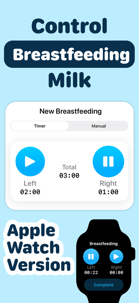 Baby Feed Timer - Babee - Mobile app and Apple Watch interface for tracking breastfeeding time for left and right sides