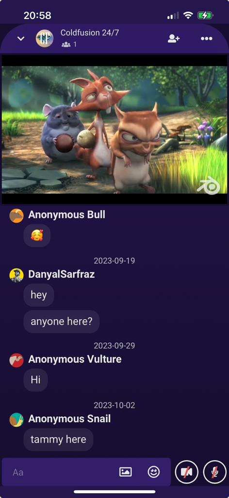 Kosmi app mobile interface featuring a video watch party with a live chat room