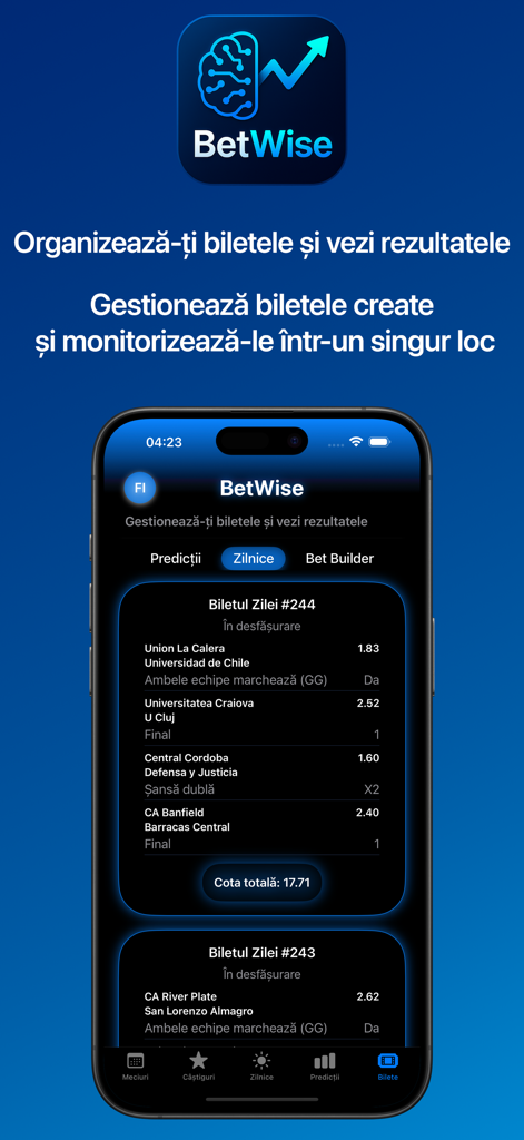 BetWise - BetWise app interface showing sports ticket organization and performance tracking