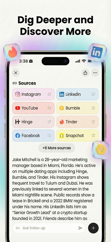 DeepSearch – AI People Search - DeepSearch app interface showing an AI generated background check report with social media sources like LinkedIn and Tinder
