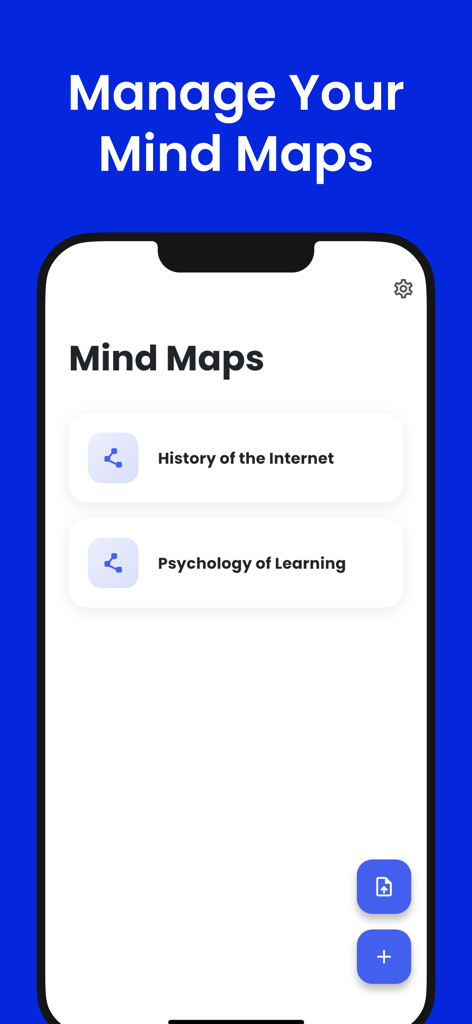 FlowMind AI: Mind Map Maker - A mobile app screen showing a list of saved mind maps titled History of the Internet and Psychology of Learning