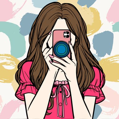 a realistic girl holding her phone taking pictures