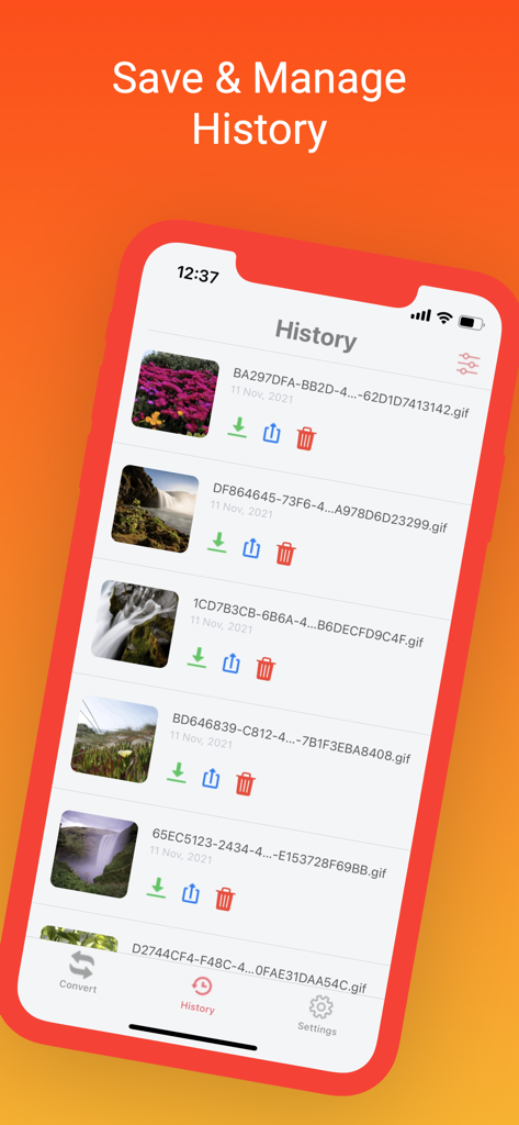 Captura de pantalla de la pantalla de historial en la aplicación Convertidor de Imágenes mostrando una lista de imágenes convertidas guardadas y gestionadas.