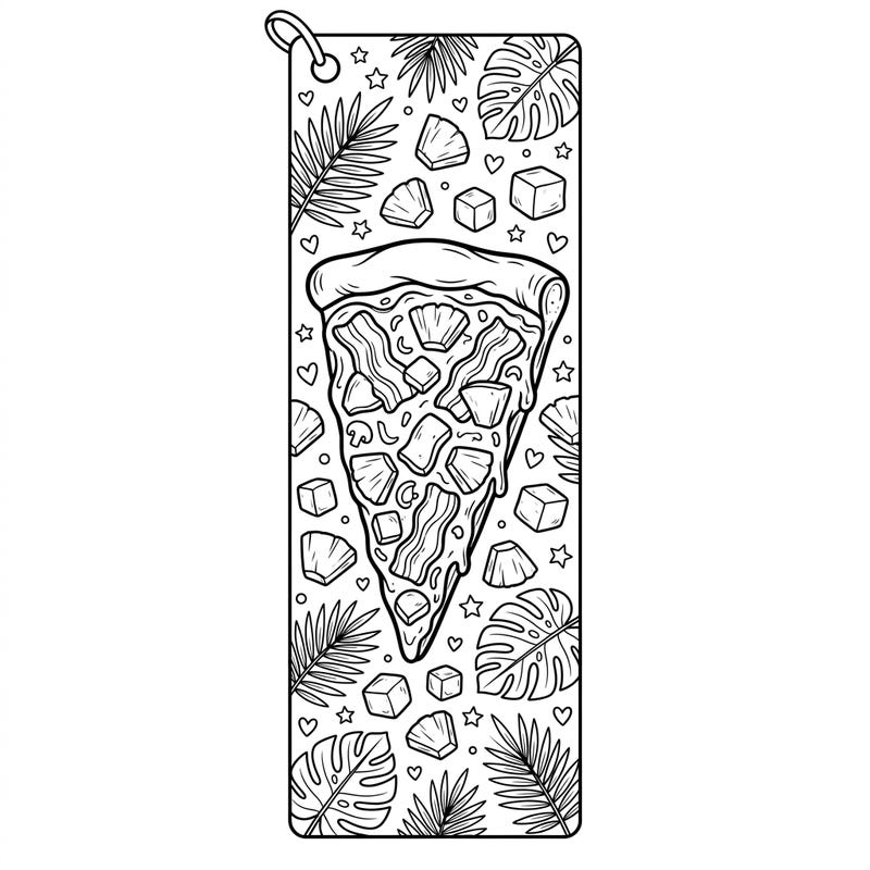 Savor the flavor and fun with this unique Hawaiian Pizza bookmark coloring page. Perfect for marking your place in your favorite book, this design combines delicious food with tropical vibes.