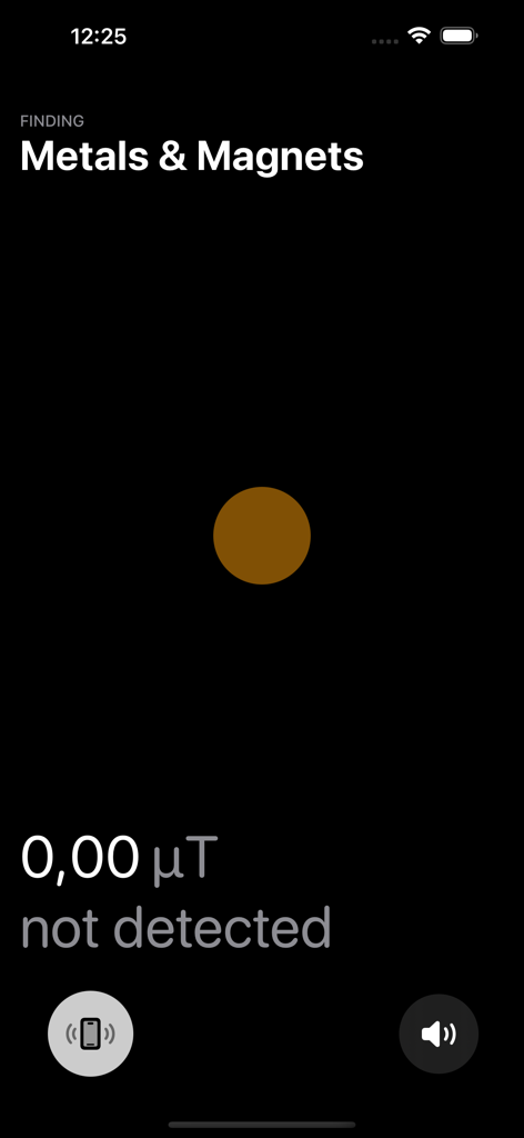 Magnetometer app interface showing zero microtesla detected for metals and magnets