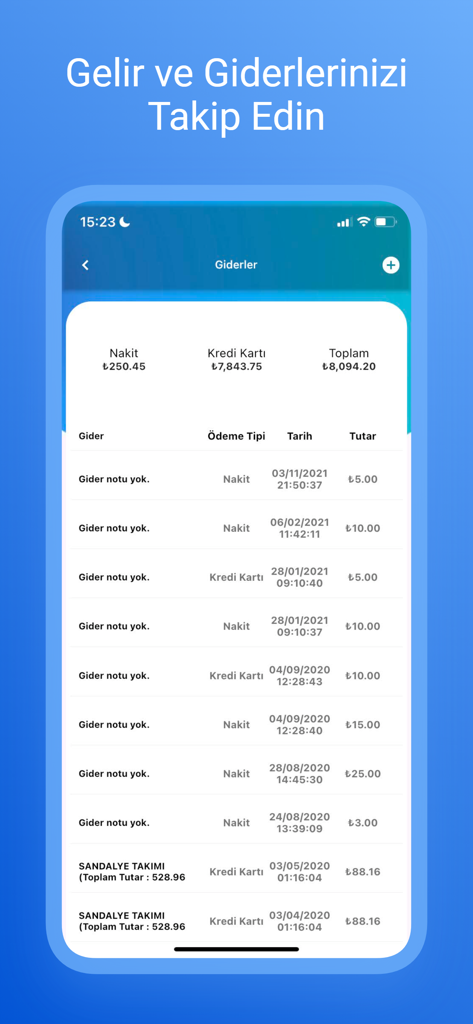 Detailed expense report on BenimPOS Pro mobile app showing transaction history and payment types.