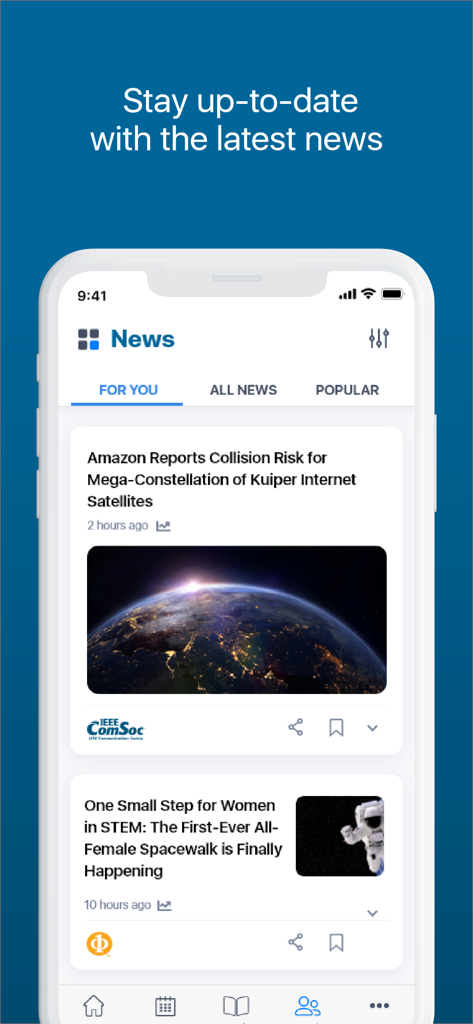 IEEE - IEEE-Mobil-App, die einen personalisierten technischen Newsfeed mit Artikeln über Satellitentechnologie und Frauen in MINT anzeigt.