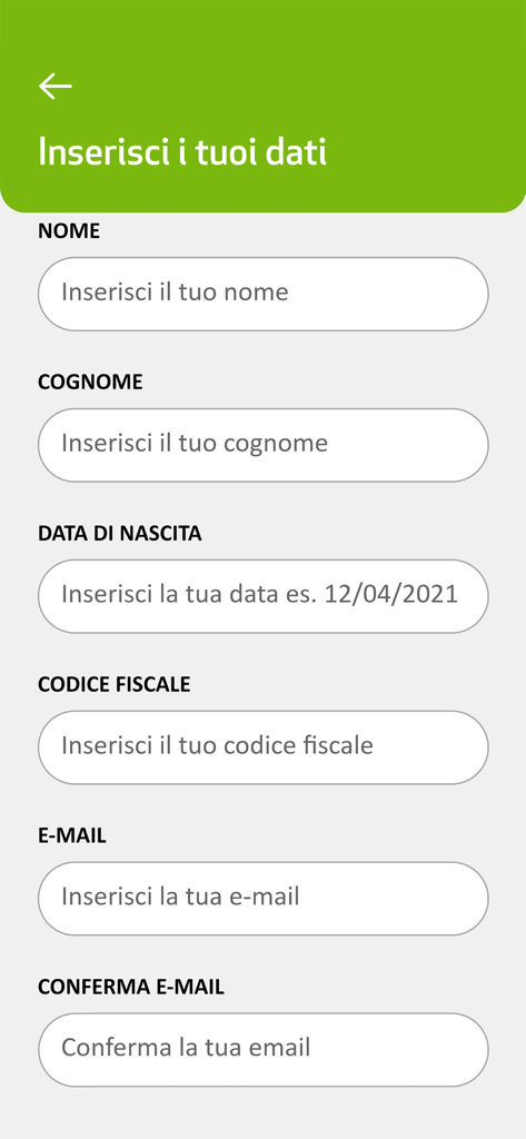 SiSalute Up - Schermata di registrazione utente dell'app SiSalute Up con campi modulo per nome, cognome, data di nascita e codice fiscale