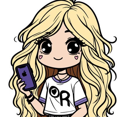 a girl with long wavy hair, a t-shirt and a phone in her hand