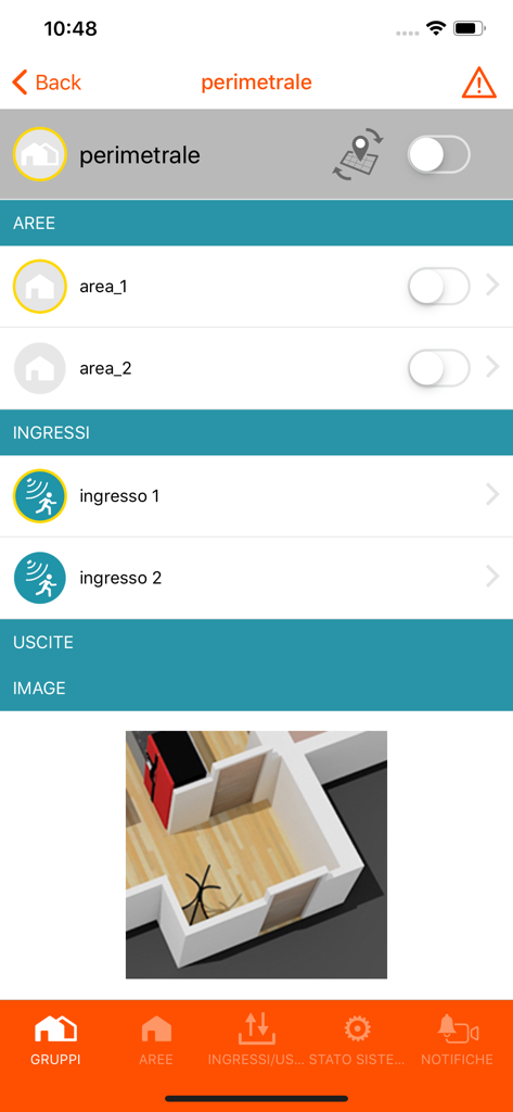 AMC Plus - AMC Plus mobile app interface for perimeter security showing areas and a 3D floor plan