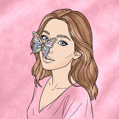 a yong and pretty girl with a butterfly on her nose