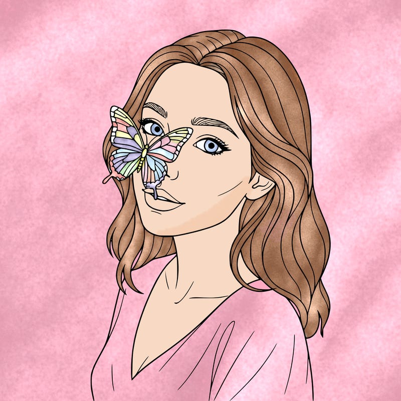 a yong and pretty girl with a butterfly on her nose